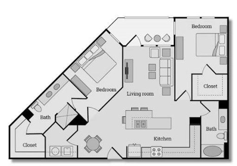 Floor plan for 2 beds, 2 baths, 1157 sqft